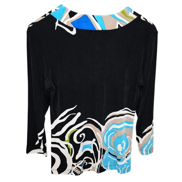 Chicos Travelers Top Womens 0 US Small Black Blue Slinky Scoop Neck Blouse - Picture 6 of 7